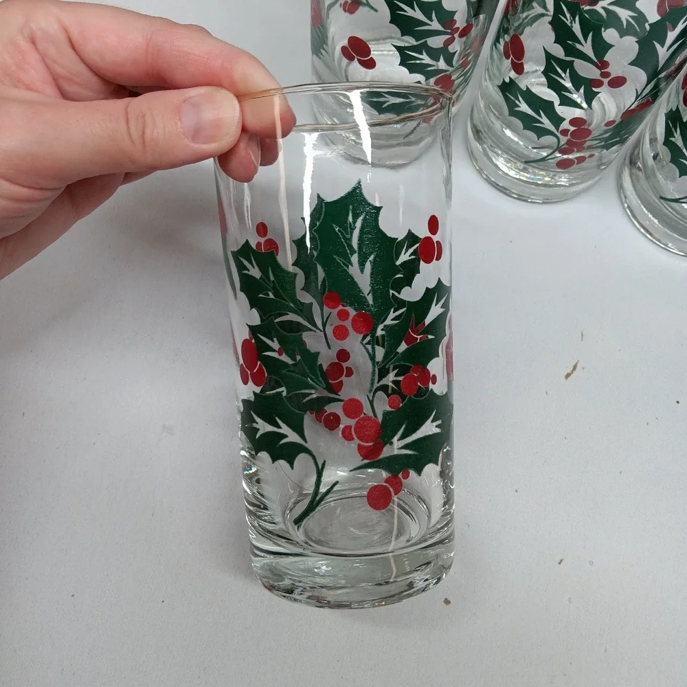 Vintage Holly Berry Glasses Bartlett Collins  Christmas Set of 6 80s 90s Holiday